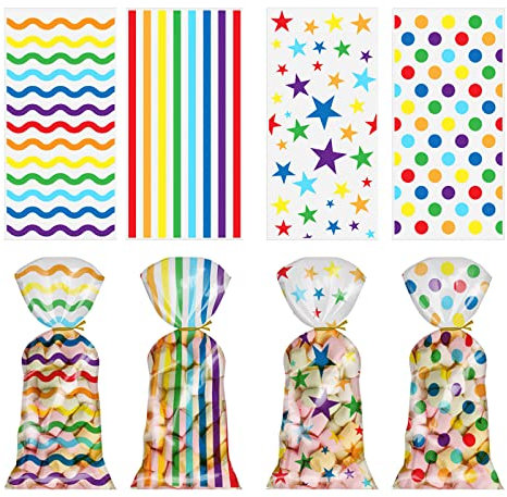 Annauiy 100Stk Durchsichtige Cellophantüten,Groß 27x13CM Süßigkeiten Tüten mit 100 Metallischen Bindebaender für Kindergeburtstag Geschenktüten Brot Kekse Schokolade Zellophantüten Plastik