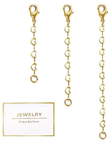 3pcs Necklace Extender 14K Gold Plated Extension Chain Lobster Claw Clasp Connector Heart Link Chain Durable Sturdy Necklace Bracelet Anklet Extender for Jewelry Making (1 2 3 Inch, 3*4MM)