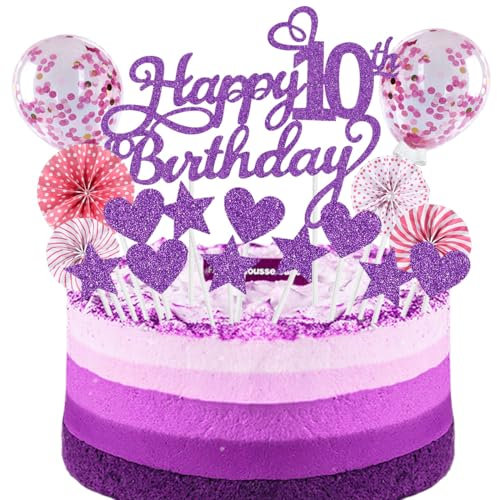 SNOWZAN Happy 10th Birthday Tortendeko Purpur Rosa für Mädchen Jungen - 10. Geburtstag Cake Topper mit Stern und Herz - Kuchendeko für 10 Jahre Kuchen