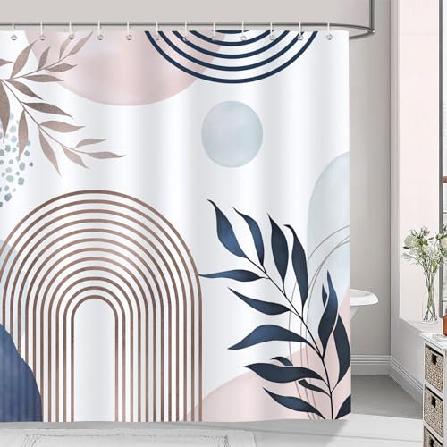 Bonhause Duschvorhang Abstrakt Boho Bogen Blätter Rosa Blau Moderne Duschvorhänge 180 x 180 cm Anti-Schimmel Wasserdicht Polyester Stoff Waschbar Bad Vorhäng für Badzimmer mit 12 Haken
