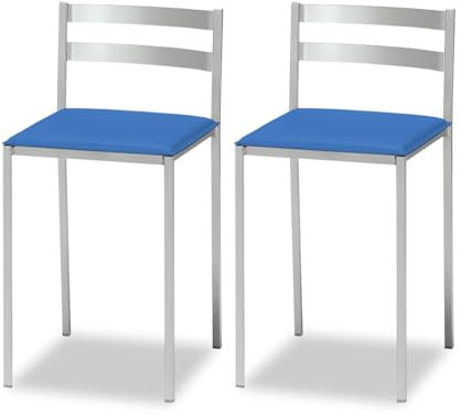 ASTIMESA 2 Taburetes de Cocina con Respaldo bajo, Franjas horizontales y Asiento tapizado - Estructura Color Aluminio - Asiento en Polipiel Azul