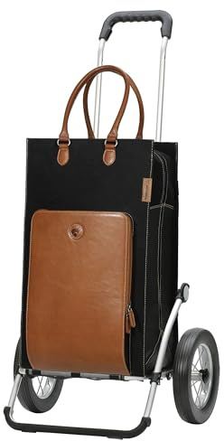 ANDERSEN Einkaufstrolley - Royal Shopper Charu braun | mit Speichenrädern, große Räder, 25 cm, aus Alu, bis 50 kg - Tasche aus Baumwolle, mit Leder, Innenfach, 49 L