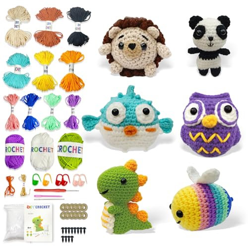 TAIDUTY Amigurumi-Häkelset für Anfänger, Häkeltier-Set mit Schritt-für-Schritt-Video-Tutorials, Dinosaurier, Panda, Igel, Eule, Fisch, Biene, Strick-Starterpaket für Erwachsene und Kinder, 6-teilig