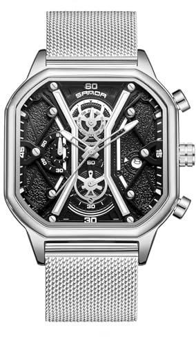 rorios Quarz Uhren für Herren Business Edelstahl Armbanduhr Leuchtend Analog Uhr Multifunktional Chronograph Uhr Mode Quadrat UH für Männer Schwarz Silber B