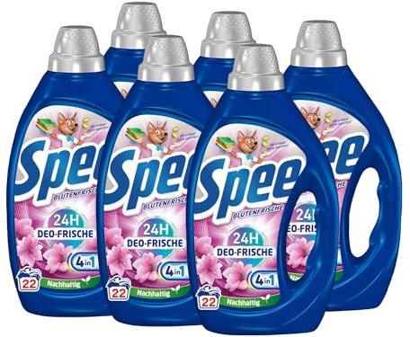 SPEE Deo-Frische Blütenfrische Waschmittel 6x 22 WL (132 Waschladungen), Flüssigwaschmittel mit 4 + 1 Formel bekämpft Alltagsgerüche für 24 h Deo-Frische, Colorwaschmittel für Temperaturen ab 20°C