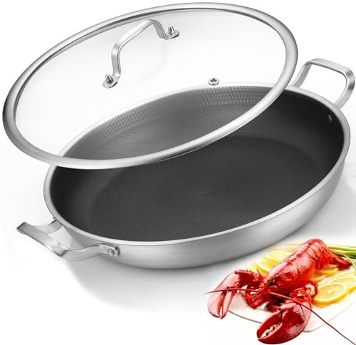 Yeksum Padella per paella in acciaio inox a tre strati, padella grande antiaderente da 34 cm, padella per 10 porzioni 18/10 con coperchio, fornello jumbo, padella a induzione, grande padella in