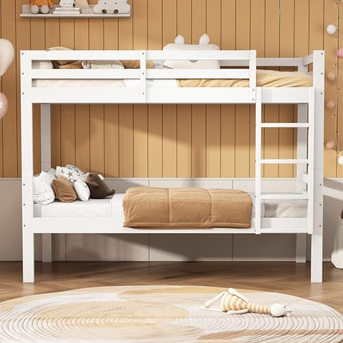 Ojiuboo Kinderbett Etagenbett 90x200cm, Hochbett mit Rausfallschutz, Litter und 2 Lattenroste, Platzsparendes Stockbett Spielbett Jugendbett, Gestell Kiefer, Ohne matratze, Weiß