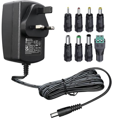 12V 3A 36W 1.8M/6Ft Long Power Supply Adapter, AC DC Switching Adapter (Input 100-240V, Output 12Volt 3Amp 3000mA), DC 12V Wall Mount Transformer Charger Plug with 8 Interchangeable Tips, UKCA