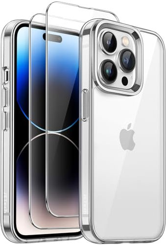 JETech 3 in 1 Hülle für iPhone 14 Pro Max 6,7 Zoll mit 2 Stück Gehärtetes Glas Schutzfolie, Nicht Vergilbende Stoßfest Stoßfänger Handyhülle (Durchsichtig)