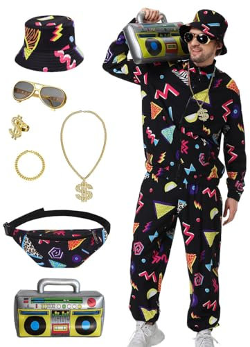 Ezuwail 80er Jahre Outfit Herren Halloween Karneval Kostüm Trainingsanzug 90er Herren Kostüm Hip Hop Sportanzug 80er Outfit 9Stk(Schwarz/S)