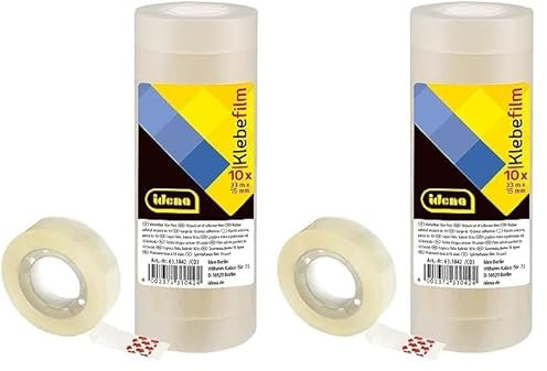 Idena 631042 - Pellicola adesiva 33 m x 15 mm, 10 pezzi, trasparente (Confezione da 2)