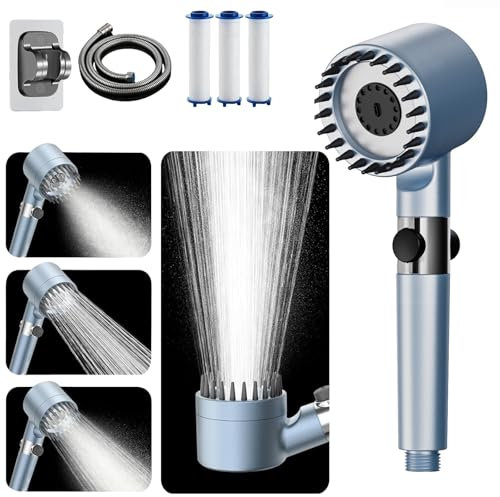 Hard Water Filter Shower Head and Hose,15 Layers Filtration Water Saving High Pressure Shower Heads, 4 Spray Jet Modes High Pressure Bathroom Shower Head, Massage Shower Filter with Pause Switch