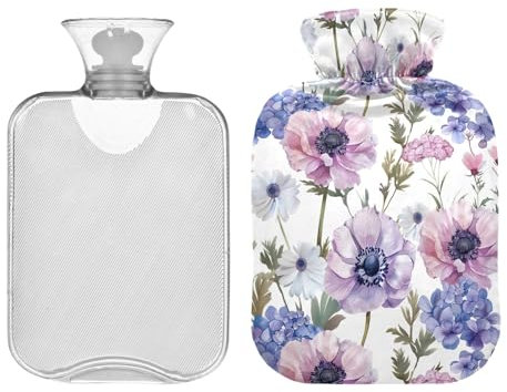 Botella de agua caliente con bonita funda, acuarela, morado, floral, transparente, bolsas de agua caliente portátiles para aliviar el dolor, calentador de cama, 1 litro