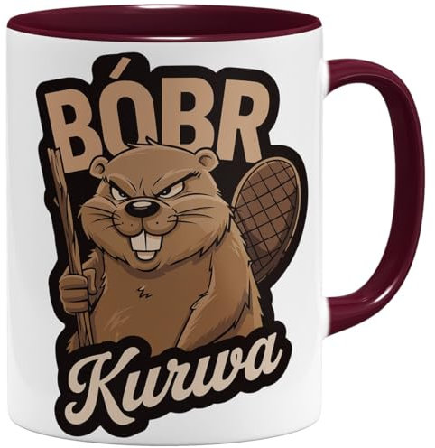 OM3® witzige Kaffee-Tasse mit Spruch - Bobr Kurwa - viral Meme - Beaver - Biber - Bober II - Keramik Becher - 325ml - Beidseitig Bedruckt - Bordeaux