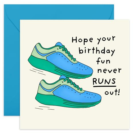 Geburtstagskarte Laufschuhe – Birthday Fun Run – Geschenke für Ihn, Jungs, Bro, Freund, Kollegen, Bruder – Keep The Fun Running – kommt mit lustigen Aufklebern