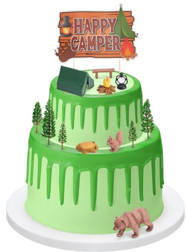 Cinnvoice 13 Pcs Happy Camper Cake Topper Happy Camper Birthday Decorations with Tent Bonfire Tree Bear Camping Themed Cake Decoration Set Forest Woodland Cake Topper for Camping Birthday Party