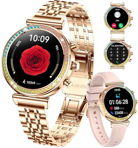 TAYSHILEY Fitness Smartwatch für Damen, 1,25 Zoll HD Display, Bluetooth Anrufe, wasserdichte Sport Damen Smartwatch, Pulsuhr, Schrittzähler - Kompatibel mit Android & iOS (Full Gold RTi110)