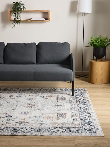 Interiyou Vintage Teppich Wohnzimmer Gent - 60x120 cm Creme/Grau - Für Schlafzimmer, Esszimmer, Kinderzimmer - Kurzflor waschbar und rutschfest, Print Muster