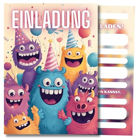 HIDEBLOOM Monster Einladungskarten Kindergeburtstag Mädchen und Junge I 12 Stück I DIN A6 (10,5 cm x 14,8 cm) I Einladung Monsterparty Kinder Geburtstagseinladungen I Einladungen Geburtstag Monster