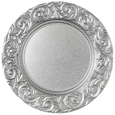 100er Pack Antike Platzteller Rund Kunststoff Lade Teller 33 cm mit Geprägtem Rand, Dekorative Servierteller für Hochzeit, Dinner, PartysSilver,One Size