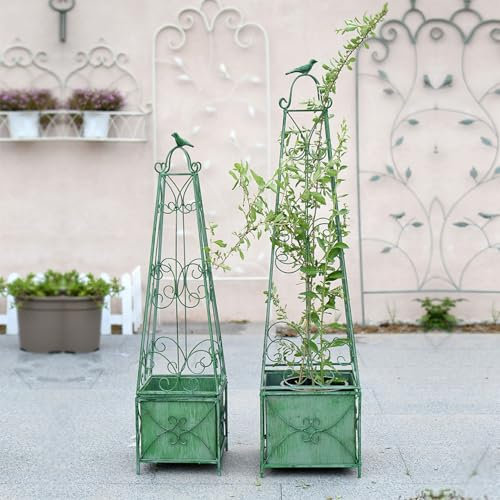Treillis Jardin en Fer Forgé avec Bac à Fleurs,Support pour Plantes Grimpantes (Clématite,Rosiers & Lianes),Structure Métallique Résistante à la Rouille pour Décoration de Terrasse, Balcon & Jardin