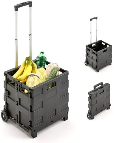 G2 Klappboxtrolley SPACY – Klappbarer Einkaufstrolley mit Rollen, faltbar & leicht – Tragkraft 25 kg – Einkaufskorb mit ausziehbarem Griff – Klappbox für Einkauf & Transport – Schwarz