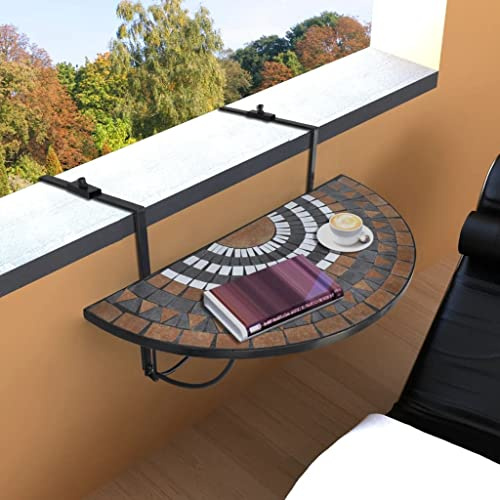 HaoChrymec Balkonhängetisch aus Eisen mit Keramik-Mosaik, Halbrundes Design, Beistelltisch Outdoor, Loungetisch Balkon, Praktisch und Platzsparend, Terrakotta und Weiß, 76 x 56 x 64 cm