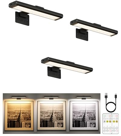 EZVALO Picture Light for Wall, Rechargeable 2400mAh Battery Lights Wireless with IR Remote, 3 Color & Dimmable Magnetic 7.8'' LED Lights Display for Painting, Living Room, Gallery, Bedroom(Black-3P)