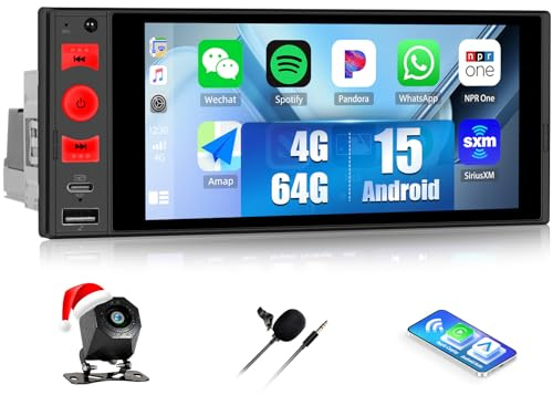 CAMECHO Android 15 Radio mit 6 Zoll HD Touchscreen Autoradio mit Drahtlos CarPlay Android Auto,1 Din Carplay Radio mit Bluetooth GPS Navi, WiFi, FM,USB,AUX,Type-C+Lenkradsteuerung