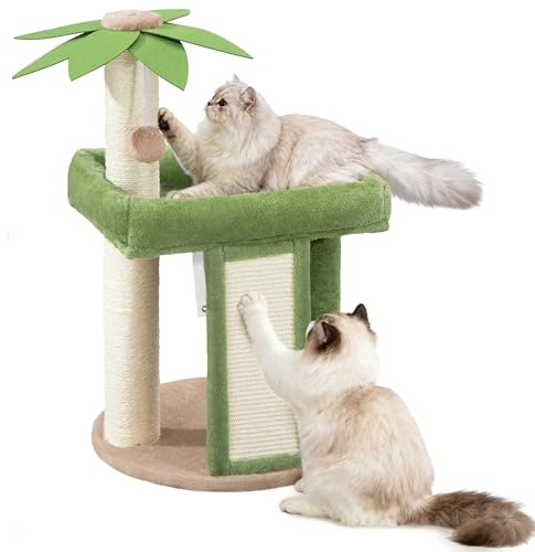 Fobyfurny Cat Tree for Indoor Cats, 70 cm Climbing Tower, Green and Brown | Coconut Tree Shape with a Single Scratching Board, Scratching Posts, Soft Cozy Resting Platform, Pompom FPMS008FK1