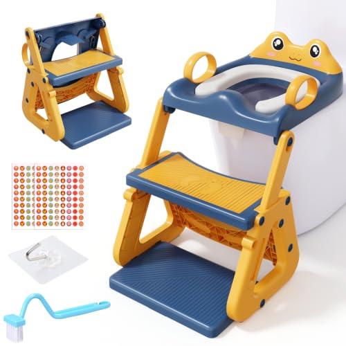 Adaptador WC Niños con Escalera,Estabilizar Reductor Wc Niños con Estructura Triangular,Inodoro de Entrenamiento 3 en 1 para Niños,Cojín de PVC Impermeable,Antideslizante y Plegable,Azul