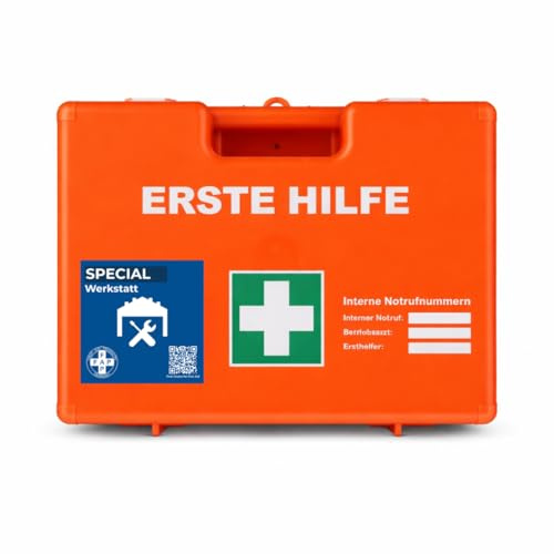 FAP Erste-Hilfe-Koffer Branche Werkstatt DIN 13157 – orange | inkl. Augenspülung & Kühlspray & mehr| DGUV Vorschrift 1 |ABS Kunststoff, bruchsicher, Betriebsverbandkasten Wandhalterung - 33×42×15 cm