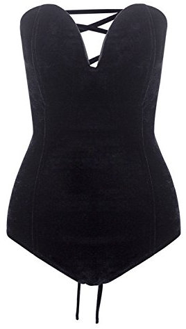 Choies Damen Body aus Samt mit tiefem Ausschnitt, trägerlos, Kreuzrücken, Burgunderrot/Schwarz - Schwarz - Large