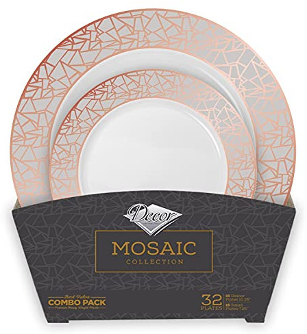 Decorline- Set de VAISSELLE DE LUXE REUTILISABLE 32 Pieces-Assiettes en plastique Rosé/Blanches -Party- -plastique rigide.