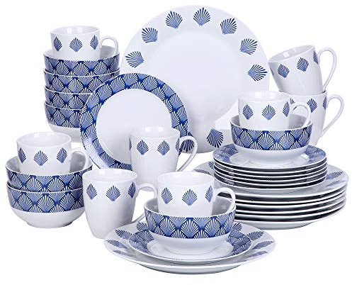 VEWEET Geschirrset 8 Personen, 32-tlg. Porzellan Tafelservice, Modernes Kombiservice mit Speisetellern, Desserttellern, Müslischalen & Kaffeebechern, Spülmaschinen- & Mikrowellengeeignet, Serie DREW