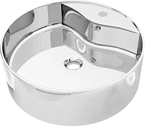 vidaXL Ceramic Wash Basin with Overflow, Silver, Round-shaped, High Gloss Finish, Trendy Design, Easy to Clean, Faucet Hole Provided, 465 x 155 mm Dimensions