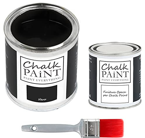 CHALK PAINT EVERYTHING Nero & FINITURA + PENNELLO - Kit Pronto Vernicia e Proteggi (750 ml Colore + 250 ml Finitura + Pennello Professionale 40 mm)