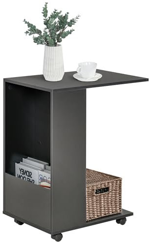 HOMCOM Mobile Sofa Side Table C-Shape End Table with Storage and Casters for Laptop Coffee Snack, Black