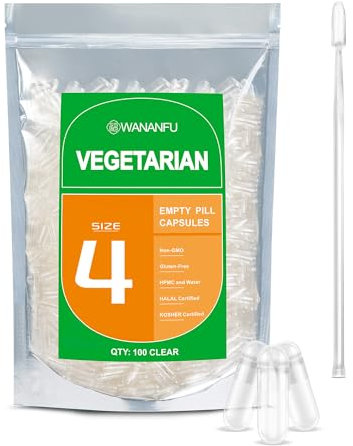WANANFU Size 4 Empty Capsules Vegetarian (100 Count) Bundle with 2 Micro Lab Spoons, Compatible with Capsule Filling Machine Size 4