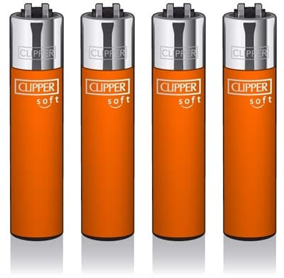 Original Clipper Feuerzeuge Einfarbig 4er Set (z.B. Soft Touch, Crystal, Metalic, solid Fluro) + 1 Clipper DHOBIA Feuerzeug GRATIS (Soft Touch Fluo Orange)
