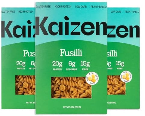 Kaizen Low Carb Keto Pasta Fusilli - High Protein (20g), Gluten-Free, Keto-Friendly (6g Net), Plant-Based Lupini Noodles made w/High Fiber Lupin Flour - 8 ounces (Pack of 3)