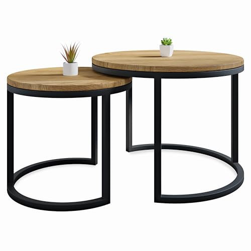 Lumarc Modena, 2er Set Couchtische Handgefertigte aus Massivholz Eiche Geölt und Stahl im Modernen Industrial Minimalistisch Design, Schwarz, Rund, Ø60x45 cm / Ø45x40 cm