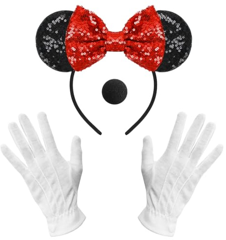 Sprinlot Mini Maus Haarreifen, Maus Ohren Haarreifen mit Handschuhe Nase Fliege, Roter Schleife Mausohren Stirnbänder für Kinder Erwachsene Damen Geburtstag Valentine's Day Karneval Fasching Cosplay