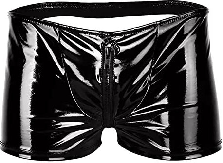 BIKETAFUWY Herren Wetlook Boxershorts Lack-Optik Shorts Kurze Hose mit Reißverschluss Hipster Trunks Sexy Dessous Erotik Unterwäsche Boxershort mit Latex Lack Optik Schwarz 053