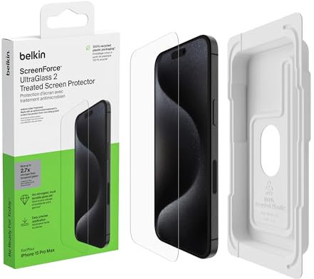 Belkin protector de pantalla con revestimiento ScreenForce UltraGlass 2 para iPhone 15 Pro Max, antiarañazos, grado 9H de dureza, bandeja de alineación fácil, sin burbujas, ultrafino