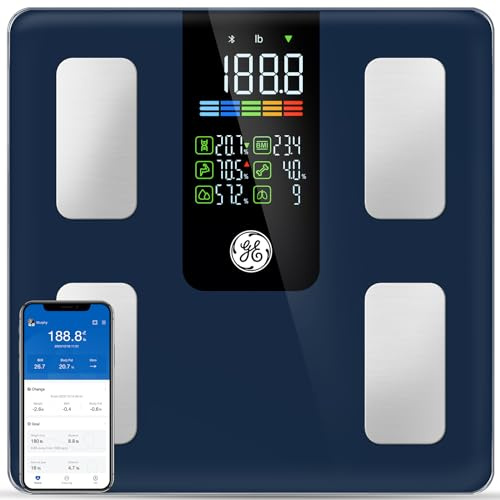 GE Smart Scale for Body Weight, BMI, Fat, Muscle Mass, Digital Bathroom Scales 500lbs Bluetooth 11.8 Large Platform Weighing Machine Health Monitor with App, Dark Blue