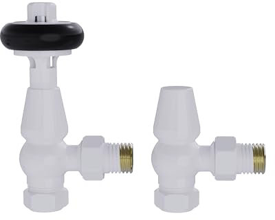 NRG Traditional Antique Angled Central Heating Radiator Valve 15mm Thermostatic + Lockshield Valve White with Black Hand Wheel