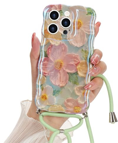 Micoden Handykette für iPhone 15 Pro Hülle Retro Blumen Design Nacklace Handyhülle mit Band Wellen Lockige Form Mädchen Laser Strahl Glänzendes Schutzhülle Stoßfest Weich TPU Silikon Case,Grün