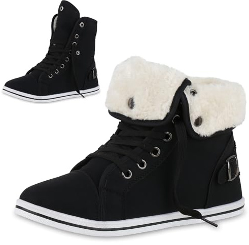 VAN HILL Damen Sneaker High Flach Schnallen Bequem Schuhe 214100 Schwarz 36
