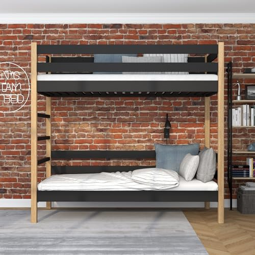 N-wood N03 Etagenbett, Kinderbett 100x200 cm, für 2 Kinder, 2 Leitermontageseiten: Links oder rechts, sichere abgerundete Kanten, Stabile Massivholzkonstruktion, Hochwertige Materialien, Schwarzeiche